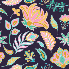 Jacobean Flowers Paisley Seamless Pattern, Contemporary Turquoise Blue Pink Vector Neon Botanical Decorative Folk Plants. Fantasy Florals Ethnic Ornaments Indian or Iranian Textile, Arabic © ilonitta