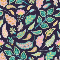 Jacobean Flowers Paisley Seamless Pattern, Contemporary Turquoise Blue Pink Vector Neon Botanical Decorative Folk Plants. Fantasy Florals Ethnic Ornaments Indian or Iranian Textile, Arabic