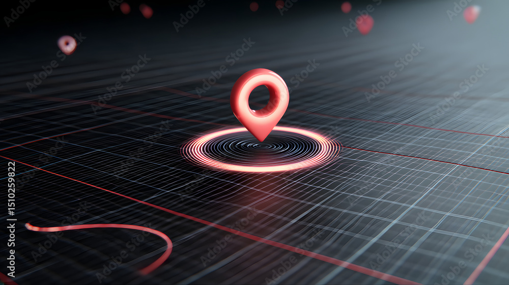 Poster navigation icon in cyber world: a glowing location icon marks a precise point in the digital realm, 