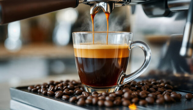 Close-up of espresso machine pouring steaming coffee into clear double-walled glass mug.