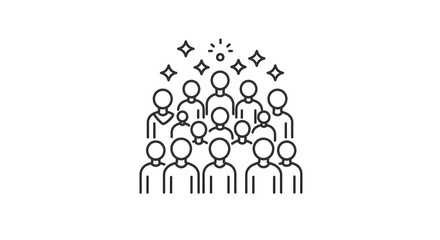 Minimalist Line Art Group of People with Sparkles and Stars on White Background