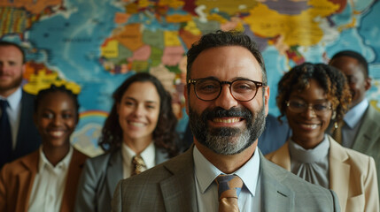 Diverse group of executives smiling confidently at the camera, inclusive of various faiths, styles, and gender expressions, vibrant global map in the background.