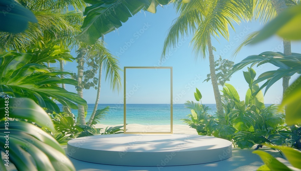 Fototapete Modern showcase scene featuring rendered abstract design with white cobblestone blocks and golden square frame for product presentation becomes a contemporary display setting that incorporates
