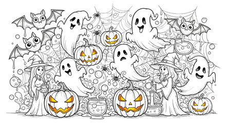 Spooky Halloween Doodle: Ghosts, Jack-o'-Lanterns, Witches, and Bats
