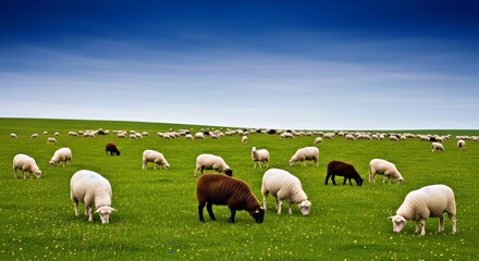 Fototapeta premium A single fluffy white sheep grazing peacefully in a vast and beautiful green pasture on a sunny day