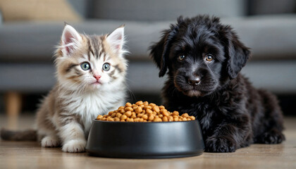 A white-gray long-haired kitten and a black curly-fur puppy sit beside a black bowl of kibble in a softly lit living room.

