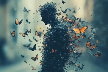 Photo sur Plexiglas Silhouette of a floating figure dissolving into butterflies