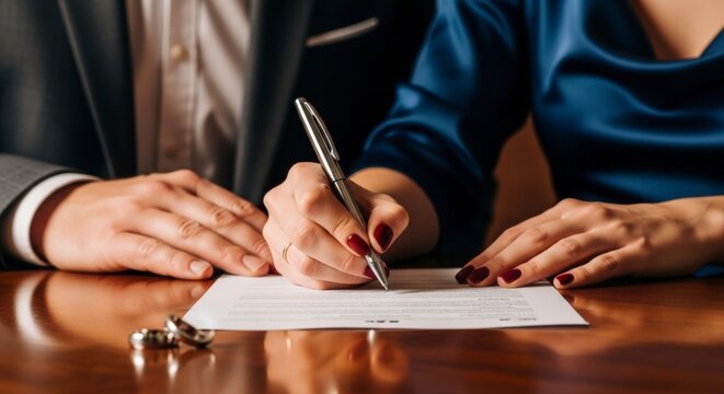 Couple hands signing a legal document on a table with wedding rings, symbolizing divorce or legal agreement.