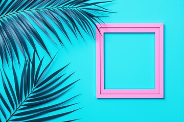 Pink square frame and palm leaves on bright cyan background, minimal graphic style, summer tropical concept with empty space, Ai generative