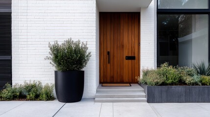 Modern home entrance with wood door, planter, and landscaping