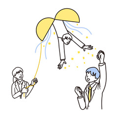 くす玉と合格して喜ぶ男子高校生と女性の先生のシンプルなイラスト素材