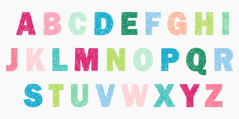 Color pencil children english font with whimsical ABC. Scribbled handwriting style, bright crayon texture, fun doodle letters for early learning and kids art.
