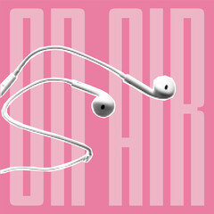 Podcast blog cover illustration, halftone collage headphones and inscription on air. Perfect for streaming platforms and blogs.