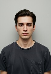 Fototapeta premium Pensive young man in casual gray shirt against neutral wall background