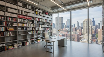 Modern Office Space with City View and Extensive Bookshelves - A contemporary office features expansive bookshelves, a sleek desk, and stunning city views. Symbolising knowledge, success, ambition