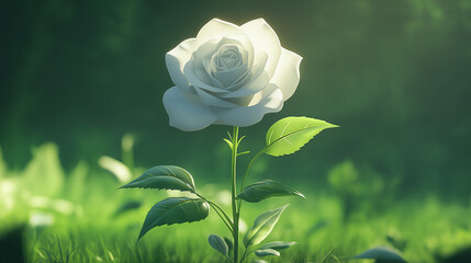 Beautiful white rose blooming in a green field of grass in natural sunlight
