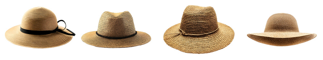 Straw hats collection isolated on white background, cut out, transparent PNG