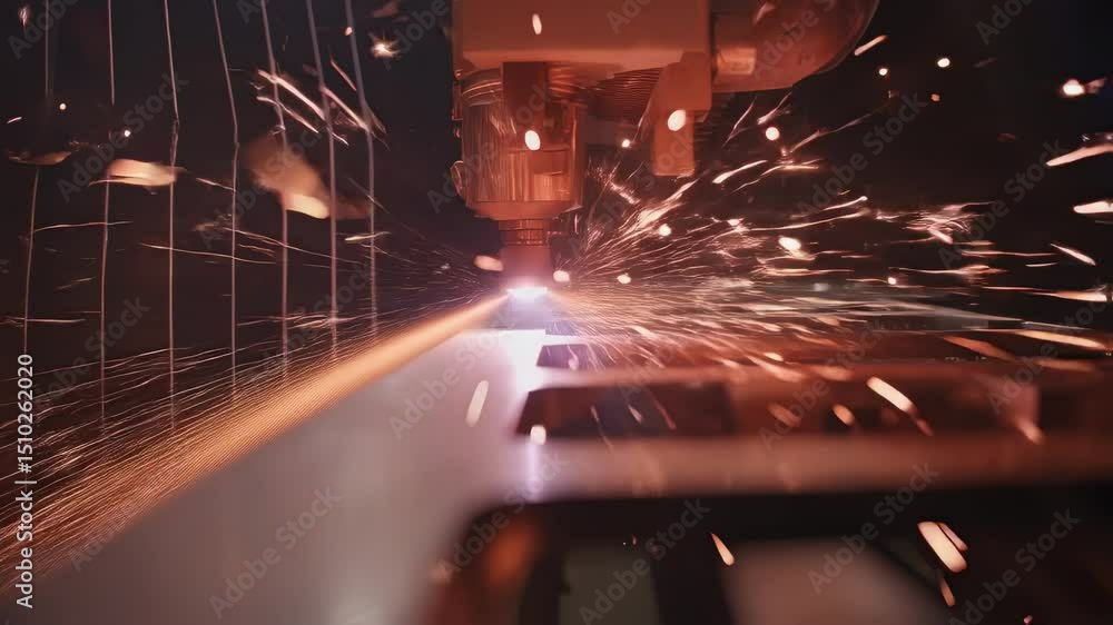 Poster automated laser precisely cuts metal sheet, creating sparks and preparing components for drone frame