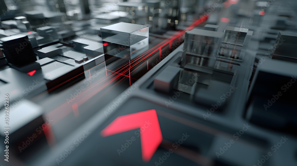 Poster navigational circuit: an abstract representation of a complex city grid, illuminated by lines of glo