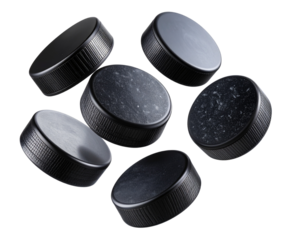 Flying Black Hockey Pucks with Motion Blur Effect, Isolated on Transparent Background