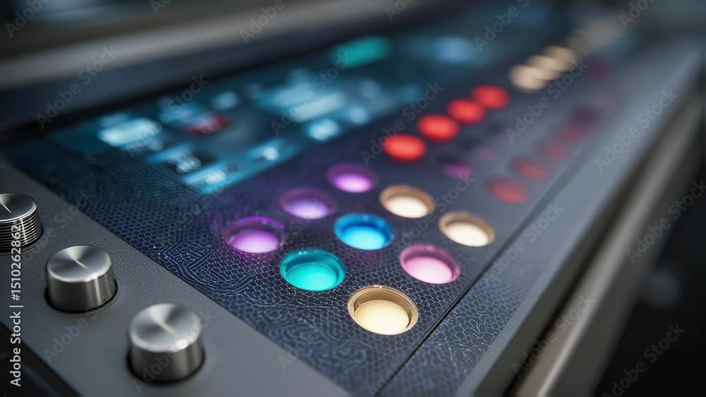 Poster closeup of control interface for photonic crystal printer featuring buttons and displays changing co