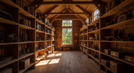 Fototapeta premium Rustic Wooden Storage Shed Filled with Antiques - Sunlit rustic wooden shed brimming with antique tools, containers, and other vintage items. Wooden shelves line the walls