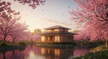 Fototapeta premium Tranquil Japanese House Amidst Cherry Blossoms
