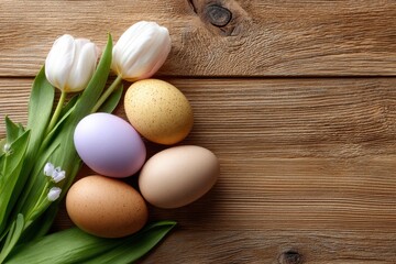 Pastel colored eggs and white tulip flowers arranged on a rustic wooden surface, conveying a
