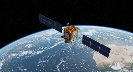 Satellite Orbiting Earth - A detailed of a satellite in orbit around planet Earth, showcasing its solar panels and the curvature of the Earth below