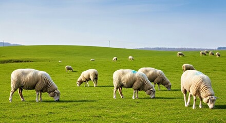 Obraz premium A flock of woolly white sheep grazing together on a rolling green hill under a clear blue sky