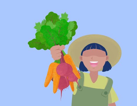 Smiling young Gardener holding freshy picked vegetables from home garden.
