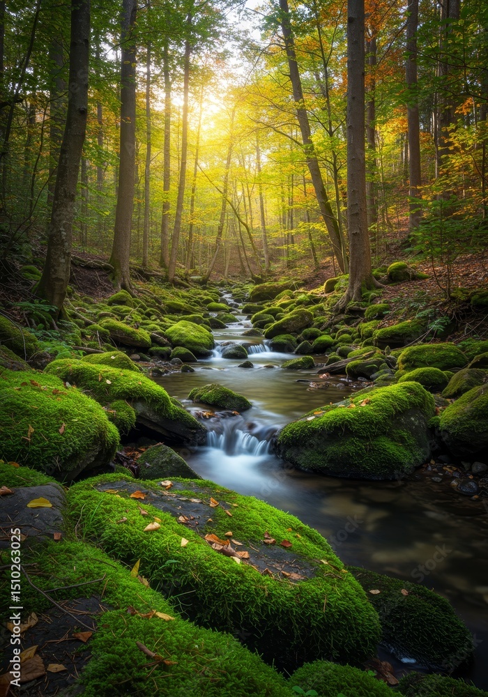 Aufkleber serene forest stream - a tranquil stream flows through a lush forest, sunlight filtering through the