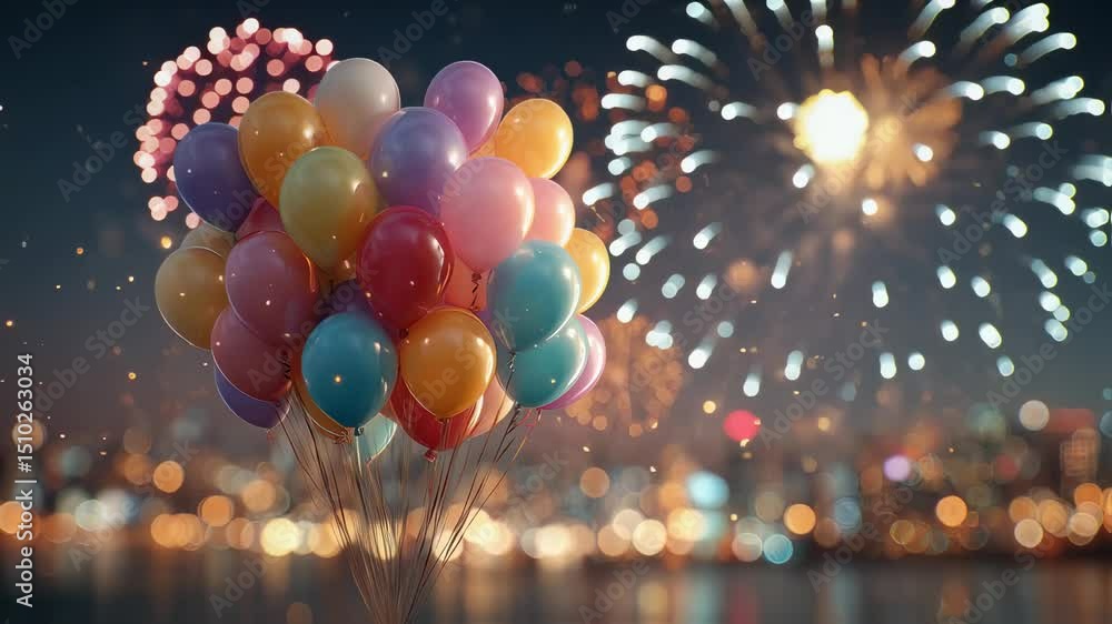 Poster a whimsical display of festive balloons against a backdrop of sparkling fireworks and a softly illum