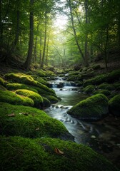 Obraz premium Serene Forest Stream - Tranquil stream flowing through a lush green forest, moss-covered rocks, sunlight filtering through trees