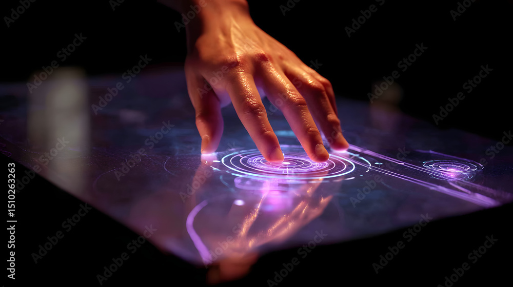 Poster touch interface technology: a hand gracefully interacts with a futuristic touch interface, illuminat