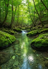 Obraz premium Serene Stream With Mossy Rocks - Tranquil forest stream flowing over mossy rocks, symbolizing peace, nature, purity, serenity, and renewal