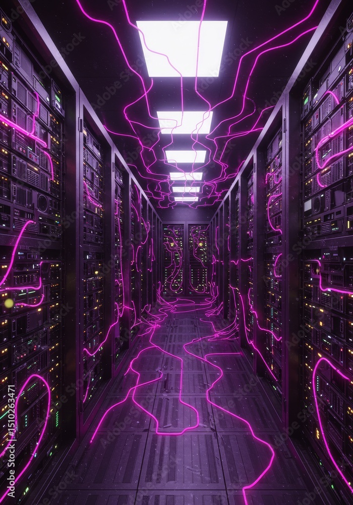 Poster server corridor - glowing pink cables snake through a futuristic server room, creating a visually st
