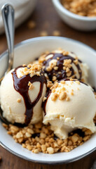 Close-up of vanilla ice cream scoops with chocolate syrup and crushed nuts.

