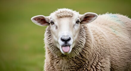 Captivating Sheep Portrait with Amusing Tongue Expression Highlighting Individual Animal Character