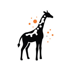 
A modern black silhouette of a giraffe with abstract white and orange spot-like elements, and scattered orange and small black dots in the background.