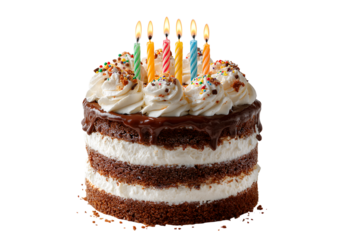 Delicious chocolate layer cake with six birthday candles, On Transparent Background