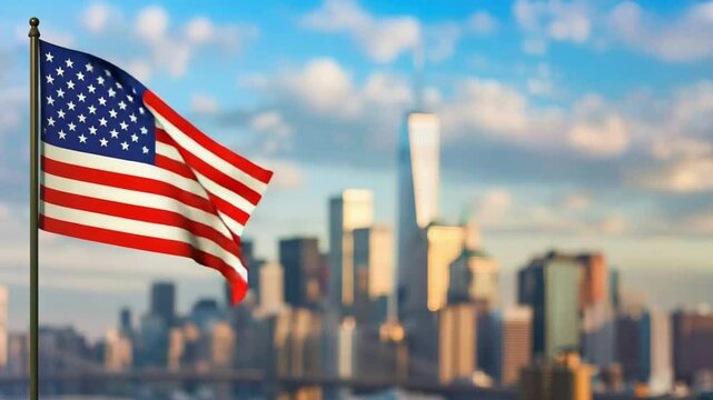 American flag waving with NYC skyline in backdrop.