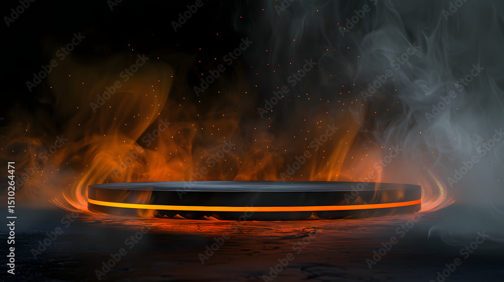Poster fiery stage: an abstract conceptualization of a stage, illuminated by vibrant orange flames and enci
