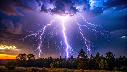 Dramatic Lightning Storm Sunset Over Forest