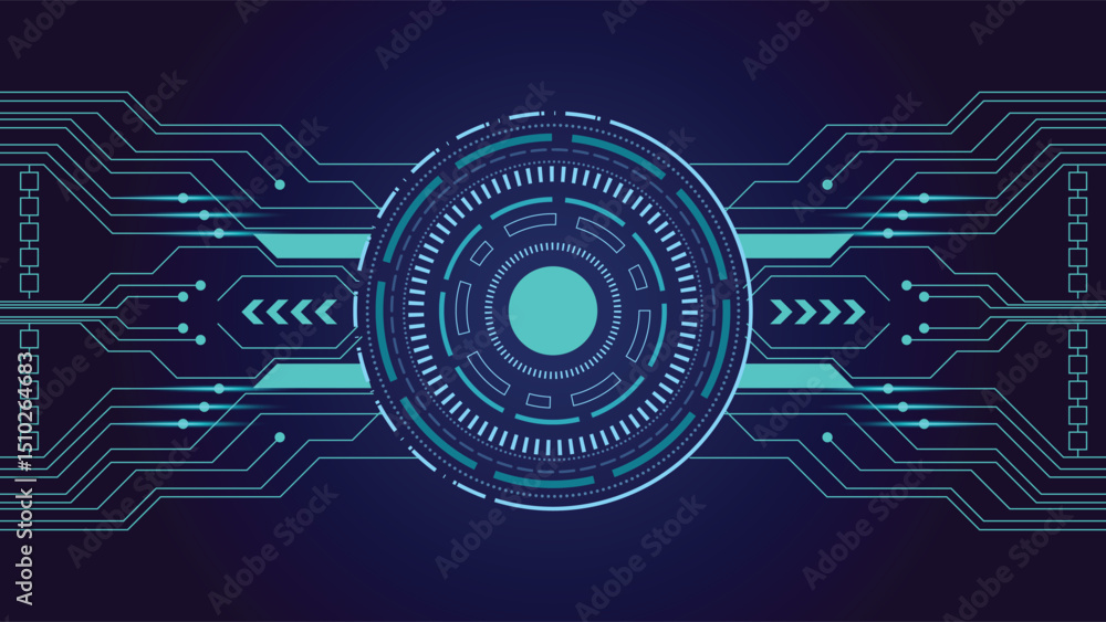 Poster abstract futuristic technology background featuring a glowing circular hud interface and horizontal 