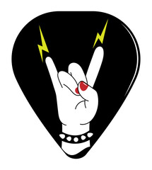 Rock music fan hand against the background of black guitar pick make rock n roll gesture. Punk rocker hand. Cartoon vector isolated on white background