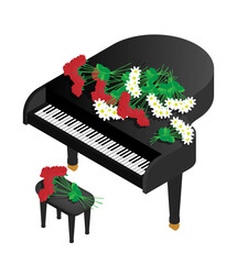 Isometric piano royal strewn with bouquets of flowers from enthusiastic fans of musician talent. Pianist place under spotlights on stage top view. 3D vector concept isolated on white background