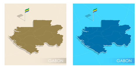 Gabon country flag installed on geographic positioning map point of country territory. Gabon commonwealth banner on land and sea. Festive patriotic HD format template for independence day