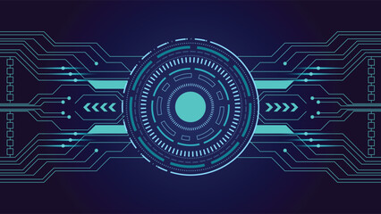 Abstract futuristic technology background featuring a glowing circular HUD interface and horizontal circuit lines. Ideal for digital communication, cybersecurity, and innovation.