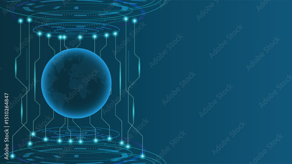 Poster futuristic technology background featuring a glowing digital globe at the center, surrounded by circ